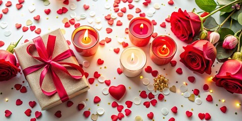 Valentine's Day Gift Flat Lay: Romantic Bokeh Background with Candles, Confetti & Copy Space