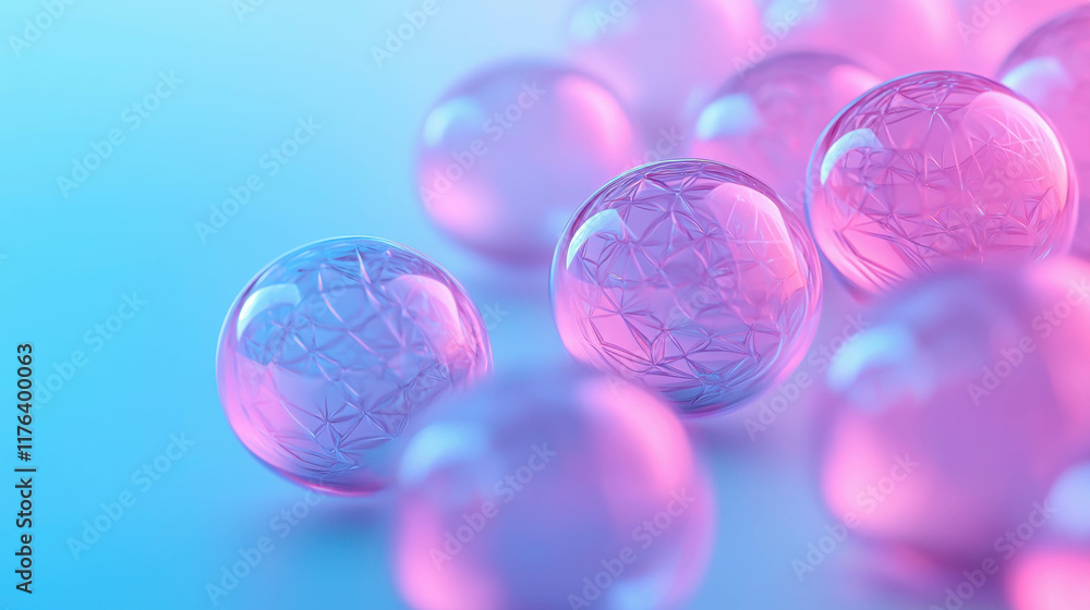 Poster abstract scene of transparent spheres floating in a colorful gradient background