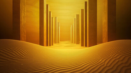 Abstract Desert Landscape with Shimmering Sand Dunes and Towering Structures