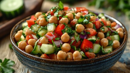 Vibrant chickpea salad with cucumber, tomato, and red onion in a rustic bowl.
