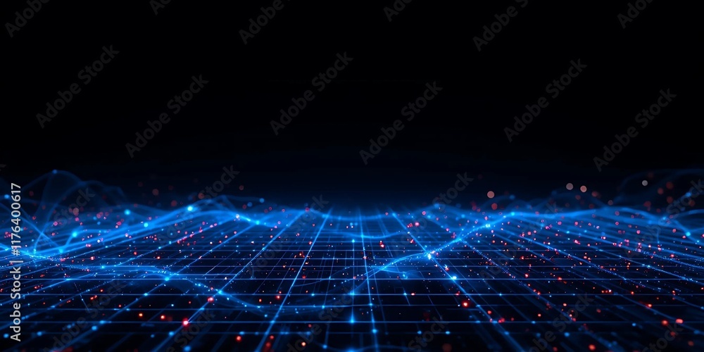 Poster abstract image of blue glowing lines and dots forming a grid over a black background.