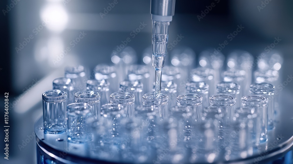 Poster close-up of a precision pipette filling test tubes with clear liquid in a laboratory setup with soft