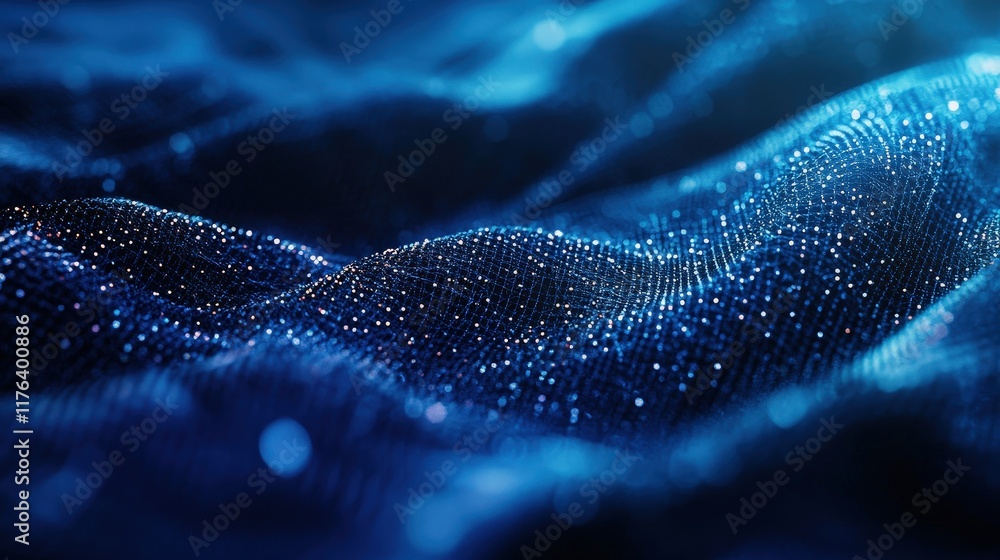 Poster abstract blue network connectivity background with dazzling light particles and wavy patterns for te