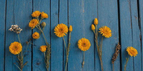 Obraz premium colorful an assortment of wildflowers on a rustic blue wooden background