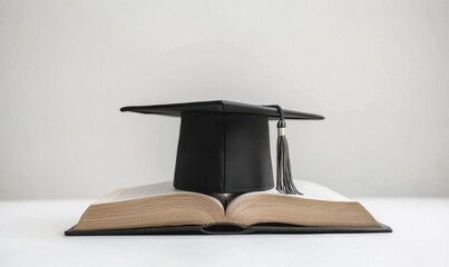 graduation cap resting on open book symbolizes achievement and knowledge. This captures essence of education and journey of learning
