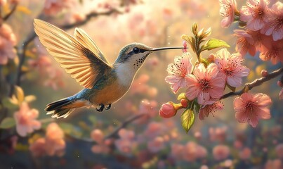 Naklejka premium A vibrant hummingbird hovering near pink blossoms in a sunlit garden.