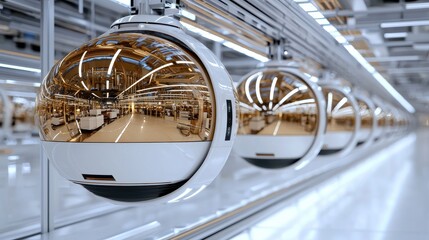 Futuristic Transport Pods in Modern Manufacturing Facility with Sleek Design Elements