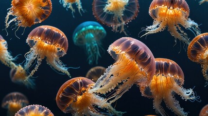 Obraz premium Diverse jellyfish in deep blue water.