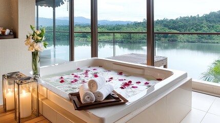 Obraz premium Luxurious spa room with hot tub overlooking serene lake and lush greenery in tranquil setting