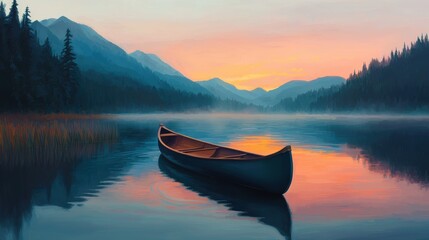 Obraz premium Serene Canoe at Dawn on Tranquil Lake Surrounded by Mountains