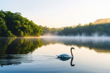 Fototapeta premium Serene Swan Gliding on Calm Lake with Morning Mist and Green Trees