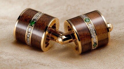 Elegant cufflinks featuring wood and green gemstones on a soft fabric background