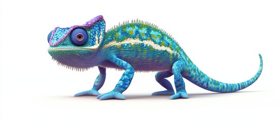 Fototapeta premium A full body shot of an Chameleon with the colors Blue, Green and White on white background