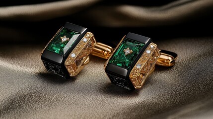 Elegant gold cufflinks with emerald gemstones and diamonds on luxurious fabric background