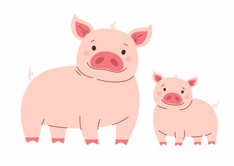 Cartoon pig and her baby. Flat vector illustration.