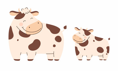 Cartoon cow and her baby. Flat vector illustration.