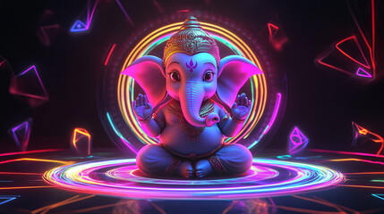 A 3D rendering of a colorful, cartoon-style, cute baby Ganesha god on a black background.

