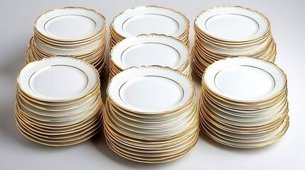 Stacked Elegant White Plates with Gold Trim Displayed in a Neat Arrangement