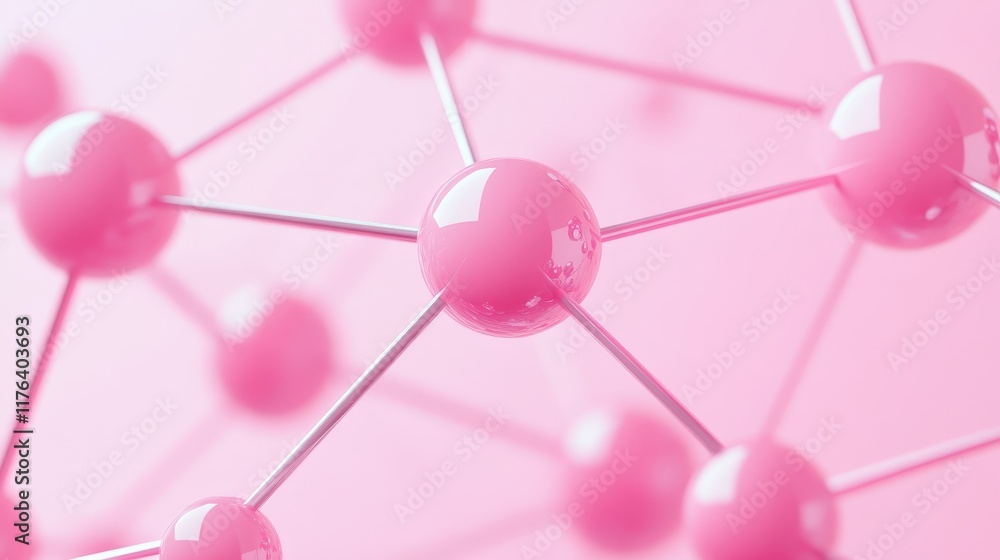 Poster abstract representation of molecular structure with pink metallic spheres on a soft background for s