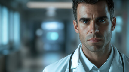 Obraz premium focused male doctor in hospital setting, wearing white coat and stethoscope, exuding professionalism and determination