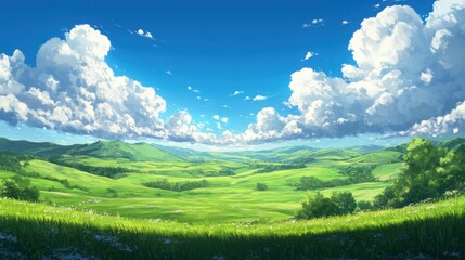 Obraz premium Expansive green meadows stretching over gentle hills, set against a bright blue sky with fluffy white clouds, forming a scenic panoramic view
