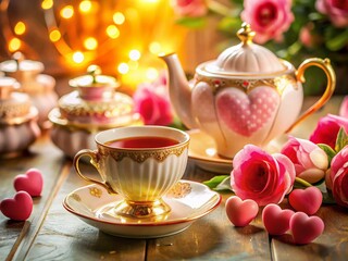 Fototapeta premium Valentine's Tea Party: Hearts, Teapot & Marzipan Sweets