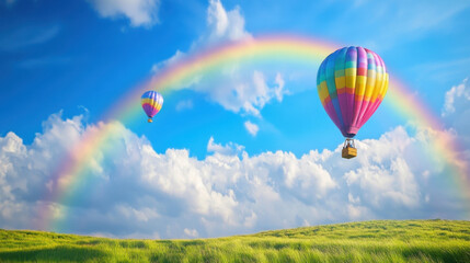 Obraz premium vibrant rainbow arches over serene landscape with colorful hot air balloons floating in blue sky filled with fluffy white clouds. scene evokes sense of joy and adventure