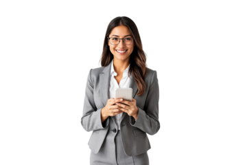 Young beautiful businesswoman holding mobile phone, smiling nicely, isolated on transparent background