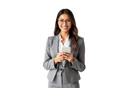 Young beautiful businesswoman holding mobile phone, smiling nicely, isolated on transparent background