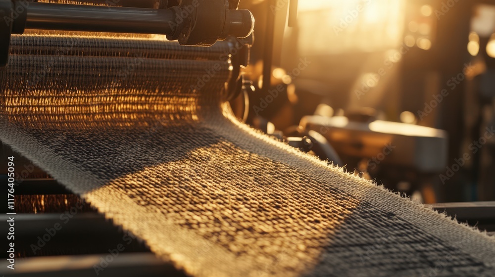 Poster close-up of textile weaving machine with sunlight illuminating the fabric, showcasing the intricate 