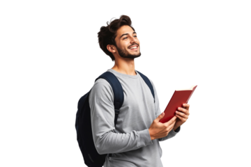 Smiling young male student holding a book and wearing a backpack, looking up, isolated on transparent background