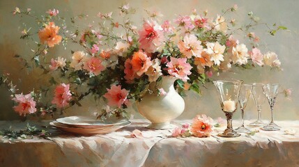 Still life painting of pink flowers in a vase, with plates and glasses.