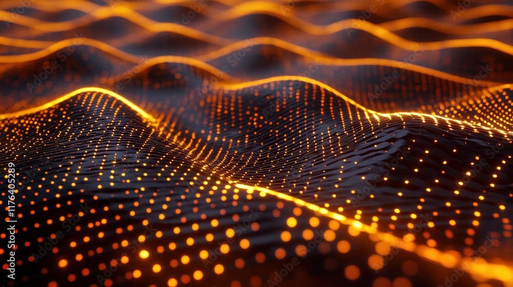 Poster abstract futuristic technology background with glowing wavy lines and dots, digital landscape for mo