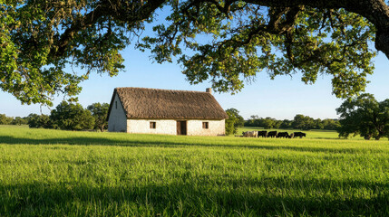 Obraz premium Old Weathered Farmhouse Surrounded by Lush Green Fields and Cattle