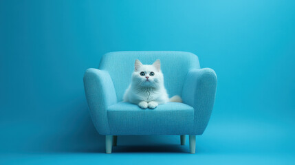 low angle shot of blue armchair with fluffy white cat sitting comfortably. vibrant blue background enhances cozy atmosphere, creating serene and inviting scene