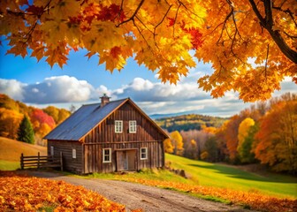 Obraz premium Vermont Autumn Landscape: Rustic Farmhouse & Golden Maple Trees - High-Resolution Stock Photo