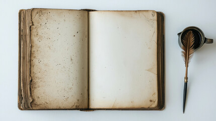 Vintage Open Book with Blank Pages Lying Flat on a White Background