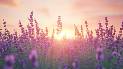 Obraz premium Lavender field at sunrise with soft sunlight and vibrant purple blooms stretching to the horizon.