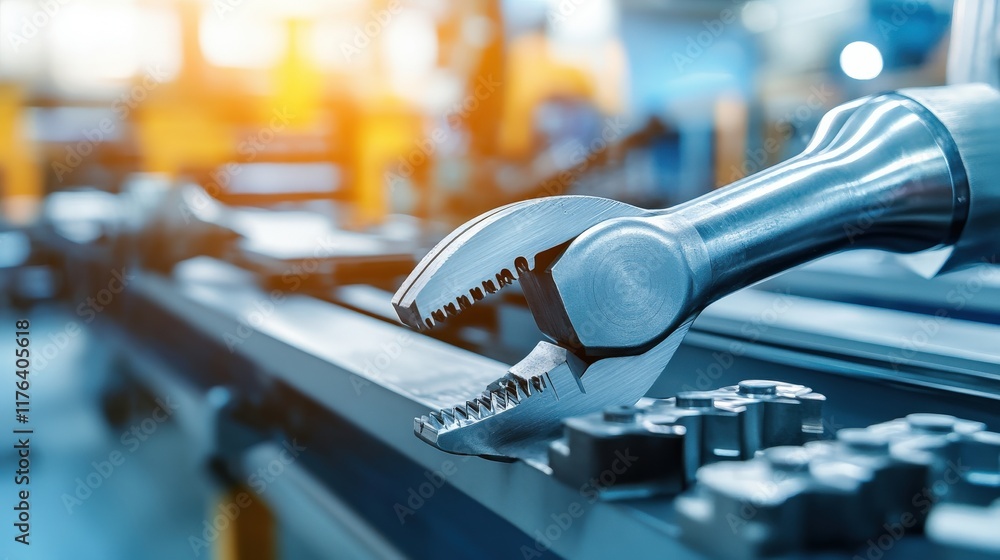 Poster close-up view of a chrome adjustable wrench on a workbench in a professional workshop setting with b