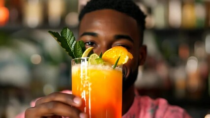 Refreshing cocktail beverage with citrus flavors of orange, lime, and mint, held by man in vibrant bar, perfect for socializing and enjoying lively atmosphere. - Powered by Adobe