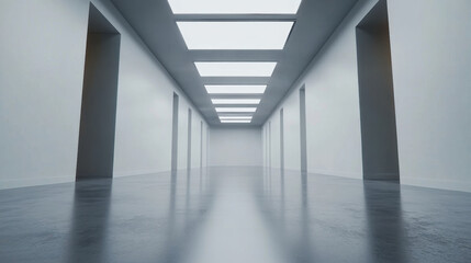 Fototapeta premium minimalistic empty white gallery room with smooth concrete floors and skylights. spacious design creates serene atmosphere, perfect for showcasing art
