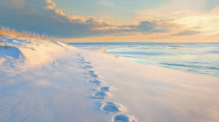 Golden sunlight illuminating a white sand landscape, with footprints leading toward a calm ocean, embodying summer and holidays