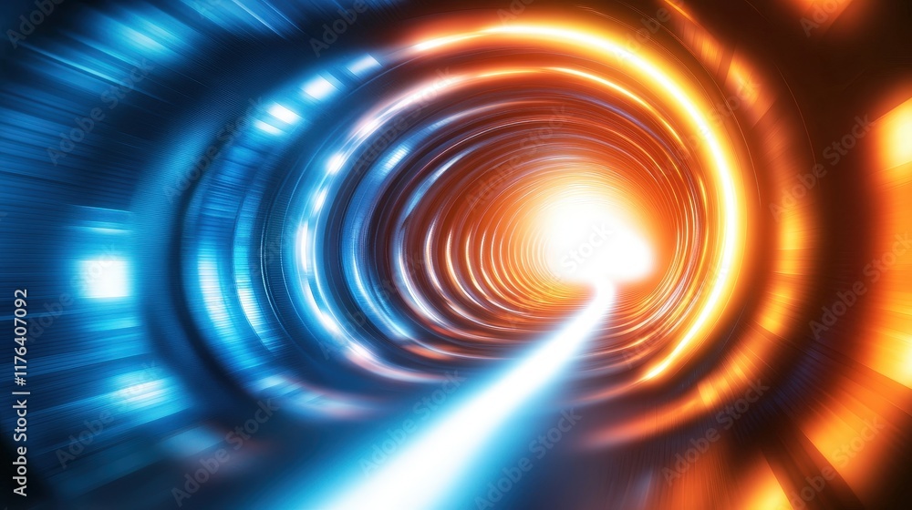 Poster dynamic lighted tunnel scene with blue and orange radiance creating a vivid visual journey through a