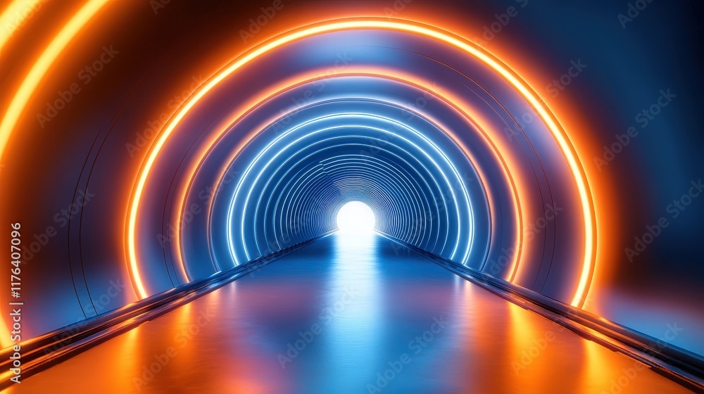 Poster Illuminated Tunnel with Blue and Orange Light Creating a Captivating Visual Experience and Inviting Entrance to Unknown Spaces