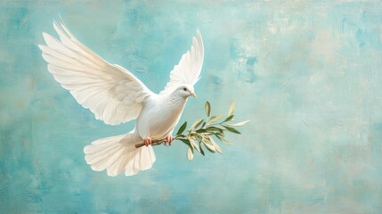Obraz premium Graceful white dove with wide-open wings, carrying an olive branch in its beak, floating against a soft blue background with room for text