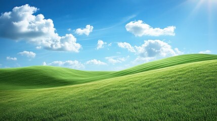 Fototapeta premium Green hills blending into wide meadows under a brilliant blue sky with puffy white clouds, creating a vibrant and serene panoramic banner