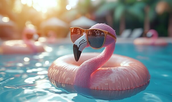 A playful flamingo with sunglasses floats in a pool, creating a fun and relaxing summer vibe.