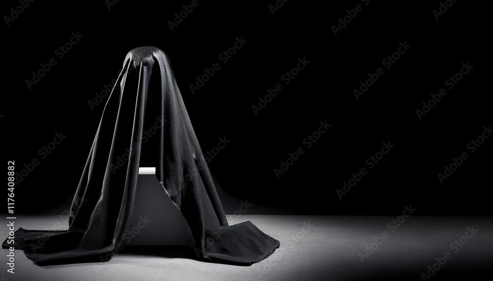 Poster a mysterious object is shrouded in a dark cloth, creating an air of intrigue against a stark black b