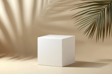 White empty cube podium on a beige background with a palm leaf shadow. Mockup for product presentation, cosmetic advertising, or beauty promotion. Minimalist design. 
