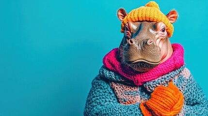 Hippopotamus in bright and cheerful winter wear, posed on a vibrant blue background, creating a fun and minimalist modern poster concept